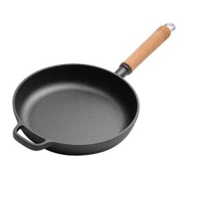 Cast Iron Frying Pan with Wooden Handle(AMZ Shipping) (Pan Diameter: 9.8inch, Color: black)