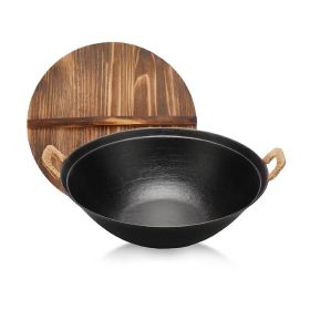 Cast Iron Wok Pan with Dual Handle and Wooden Lid(AMZ Shipping) (Pan Diameter: 13.4inch, Color: black)