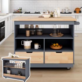 Rolling Kitchen Island with Storage, Two-sided Kitchen island Cart on Wheels with RubberWood Top,Wine and Spice Rack (Material: Solid Wood, Color: Blue)